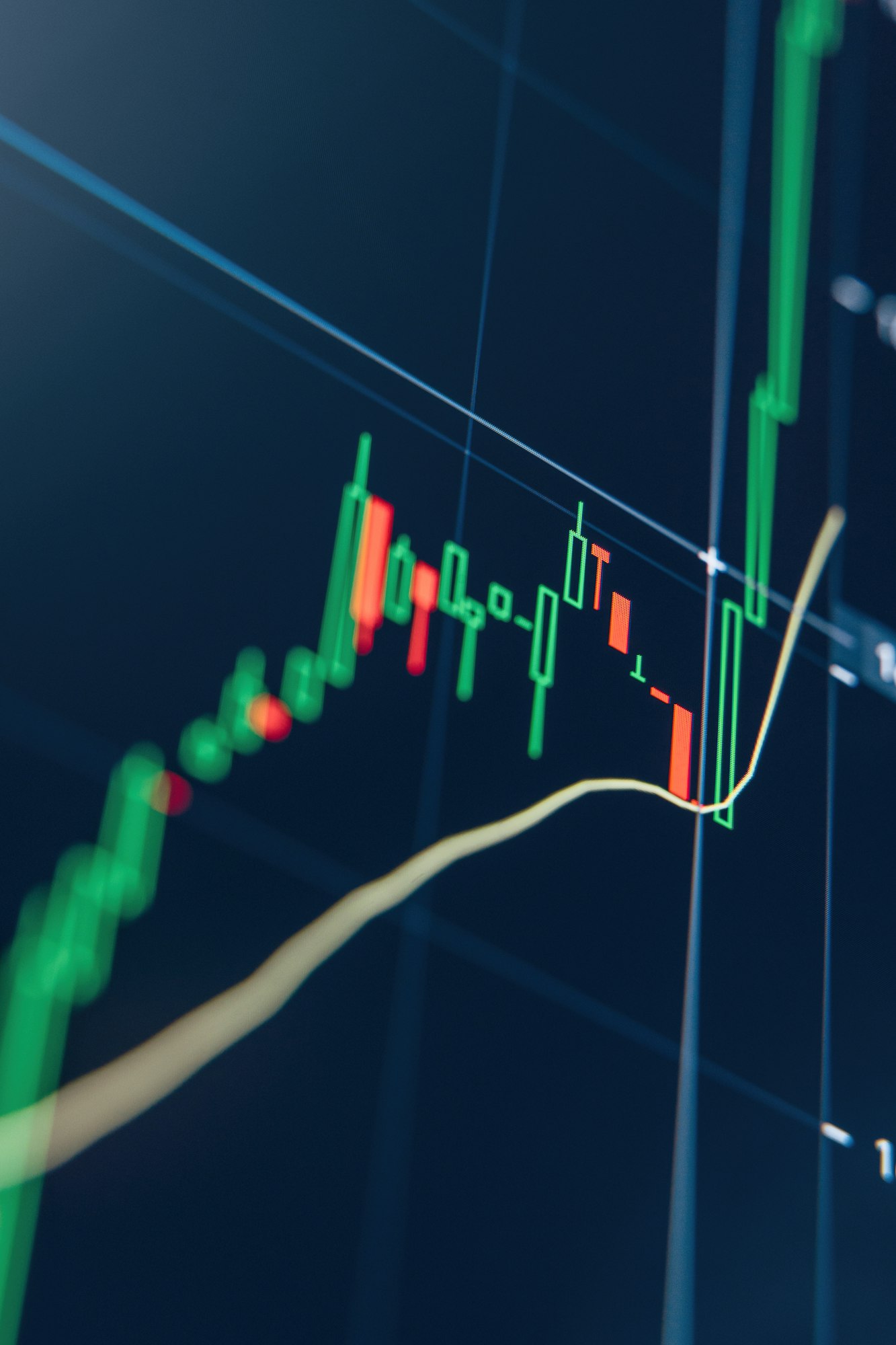 Crypto trading market chart with technical price graph and indicator, green candlestick going up